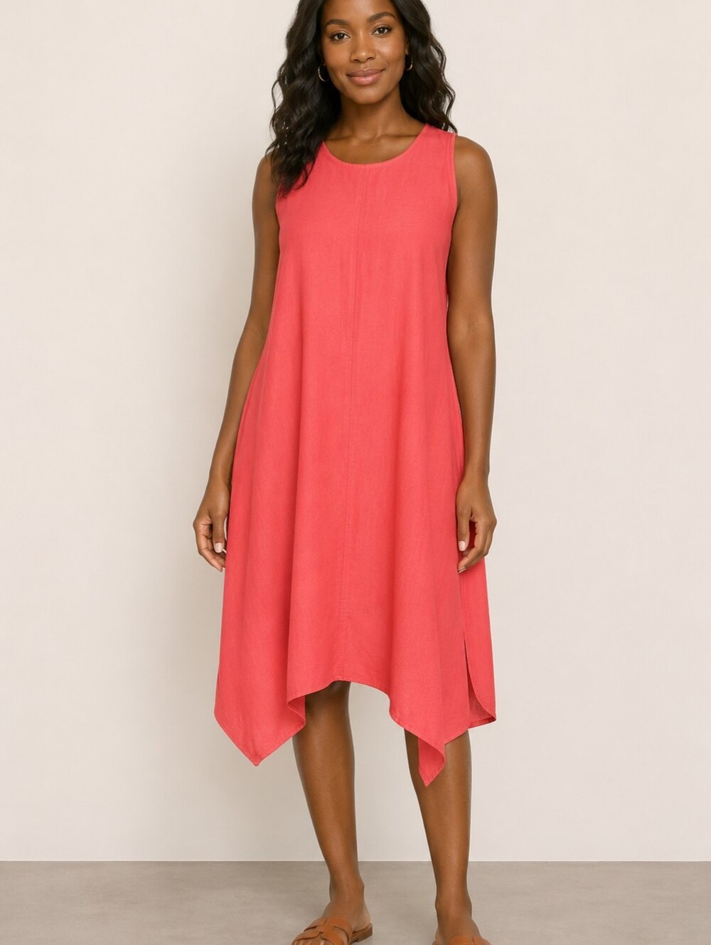 FOR CYNTHIA Linen Blend Asymmetrical Sleeveless Red Lagenlook Midi Dress Sz Med